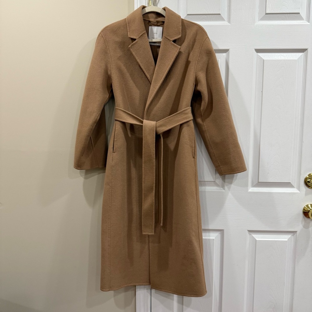 Mango Tan Camel Belted Wool Handmade Coat for Women